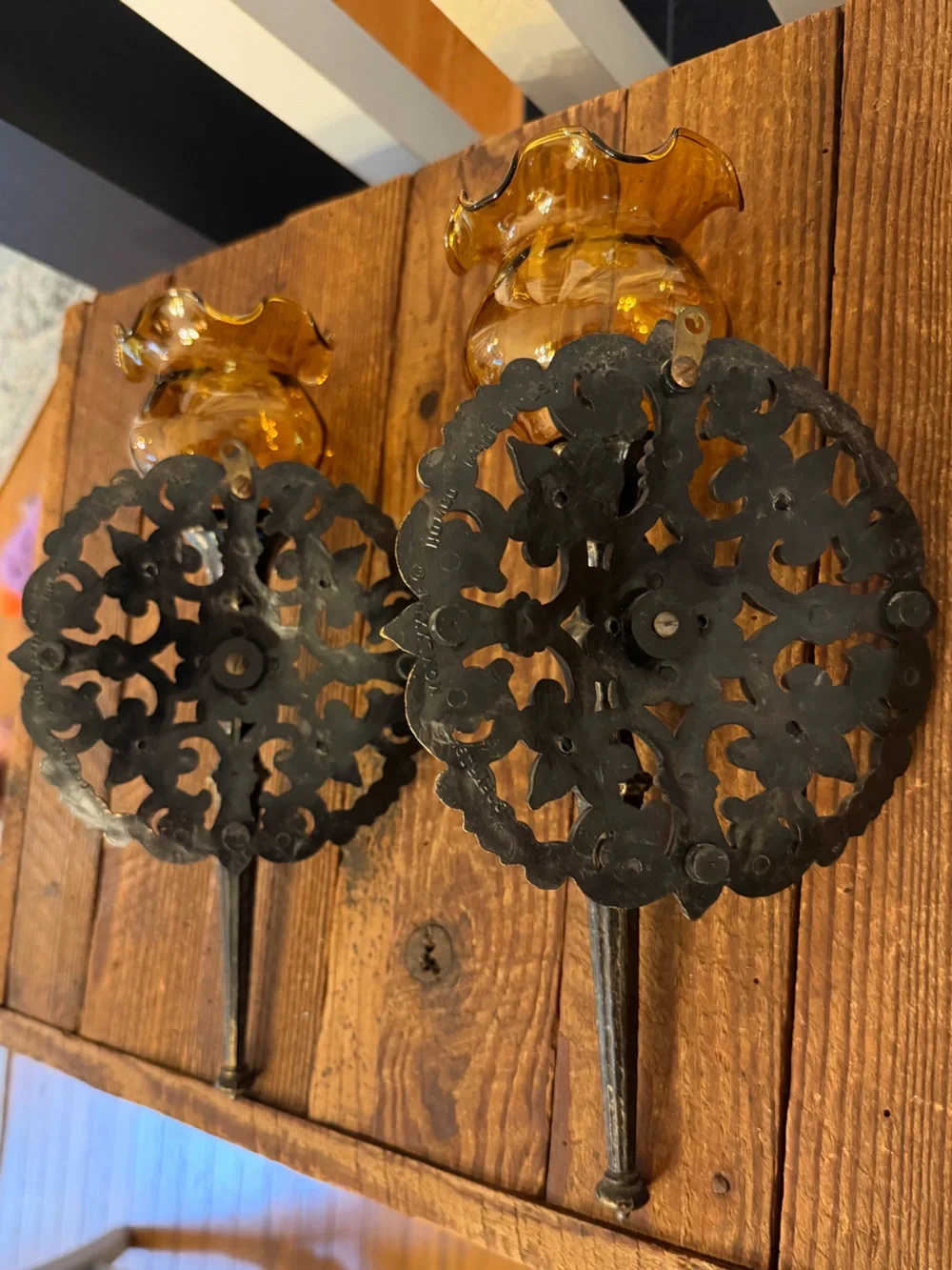 Pair of Vintage Amber Glass BOHO Farmhouse Candle Wall Sconces